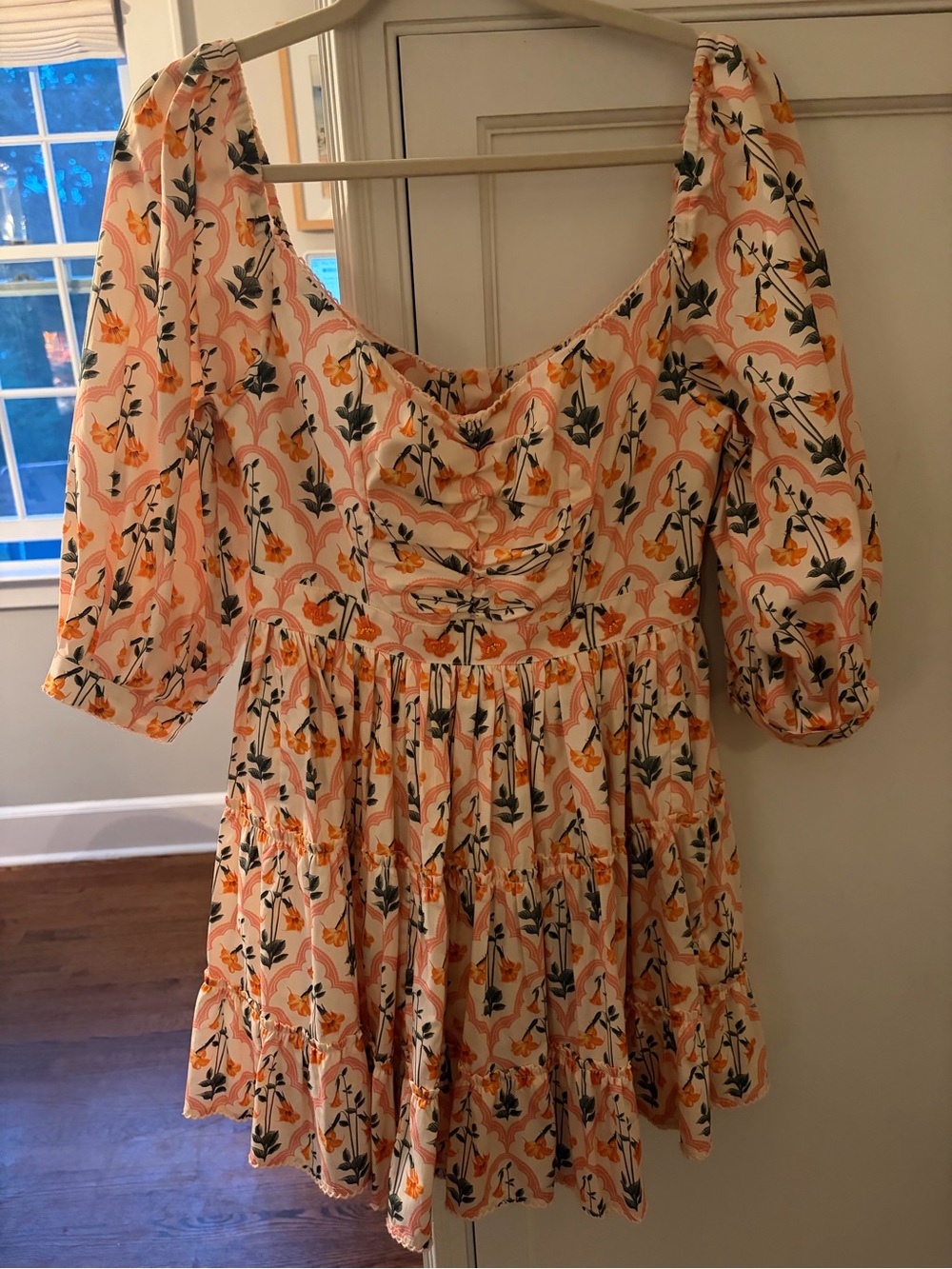 Agua by Agua Bendita Peach and Orange Floral Puff-Sleeve Mini Dress